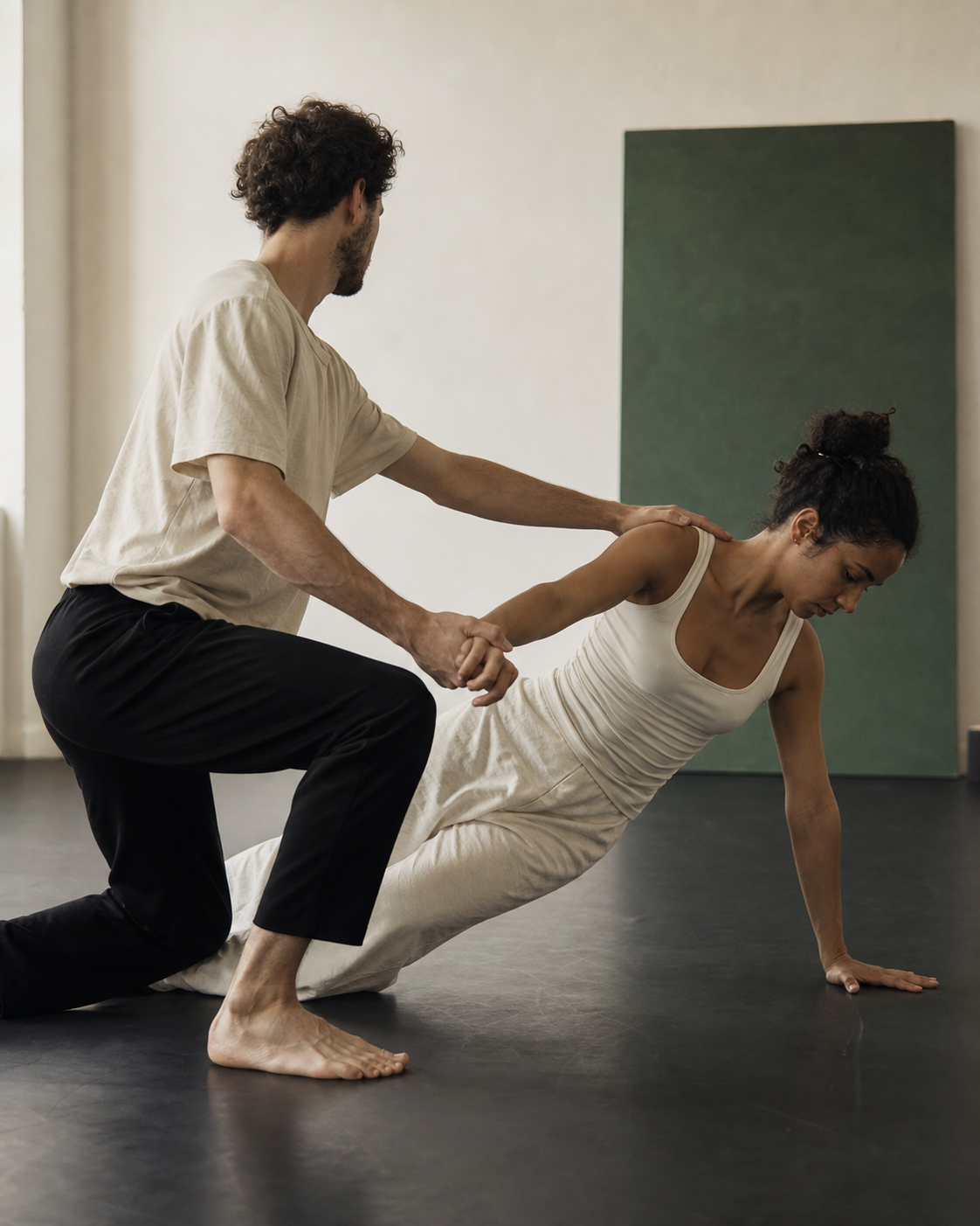 Dois artistas praticando equilíbrio e apoio corporal