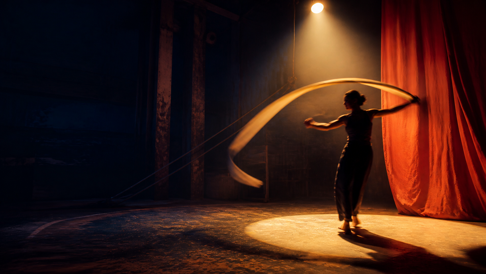Artista circense atravessando a luz do palco